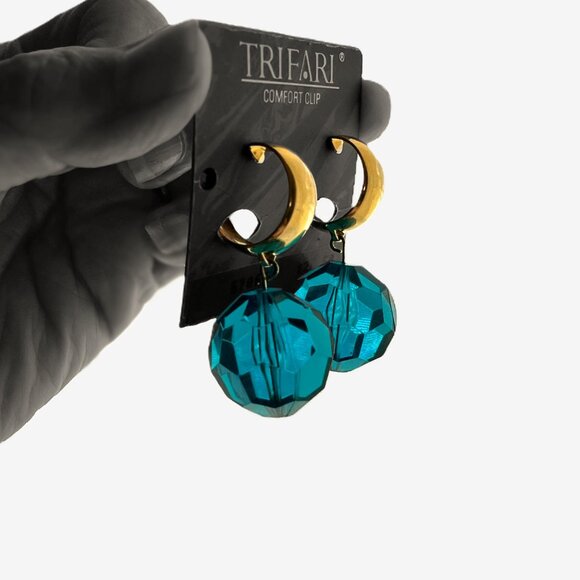 Vintage Trifari Comfort Clip Earrings – 80s Statement Teal Gold Lucite Drops NWT - Picture 2 of 6